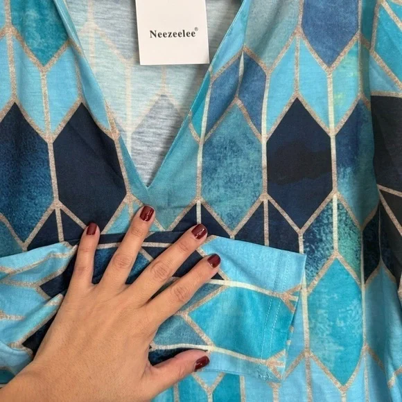 NWT Neezeelee s Color Block Casual Tunics Collar Long Sleeve V Neck Blouse - Picture 7 of 9